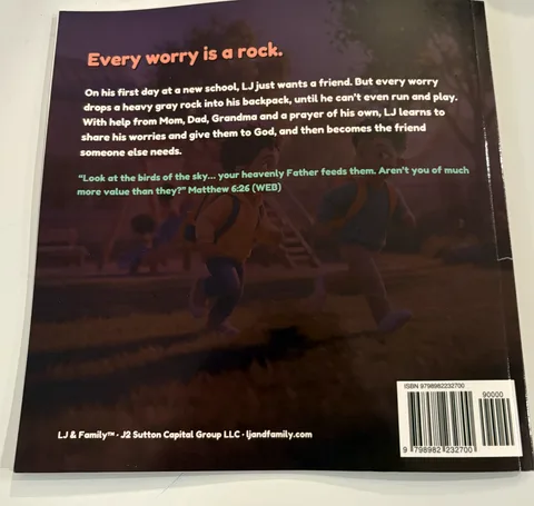 Printed copy of The Worry Backpack, back cover with the story summary and Matthew 6:26