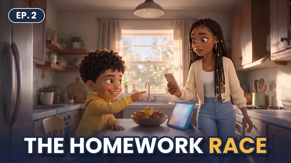 The Homework Race thumbnail: LJ at the kitchen table with his homework