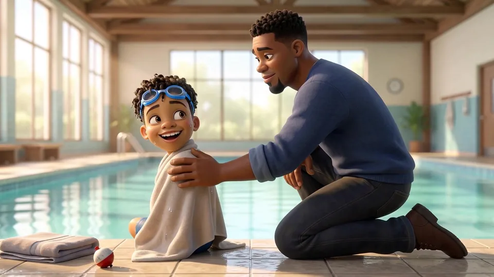 The First Swim thumbnail: LJ wrapped in a towel at the poolside, grinning, with Dad kneeling beside him