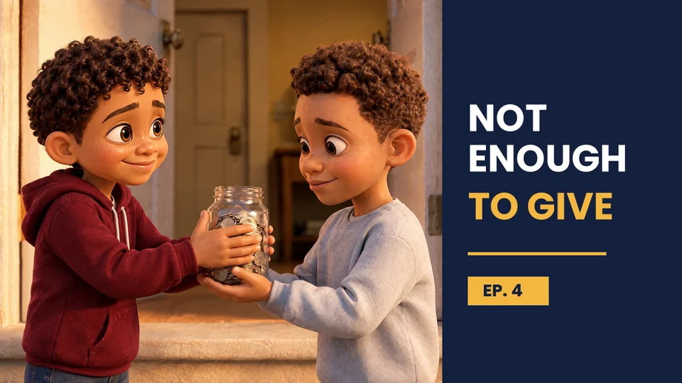 Not Enough to Give thumbnail: LJ handing a jar of coins to his friend Marcus
