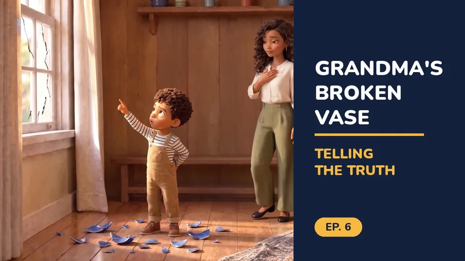 Grandma’s Broken Vase thumbnail: LJ pointing at the broken window, the blue vase in pieces on the floor