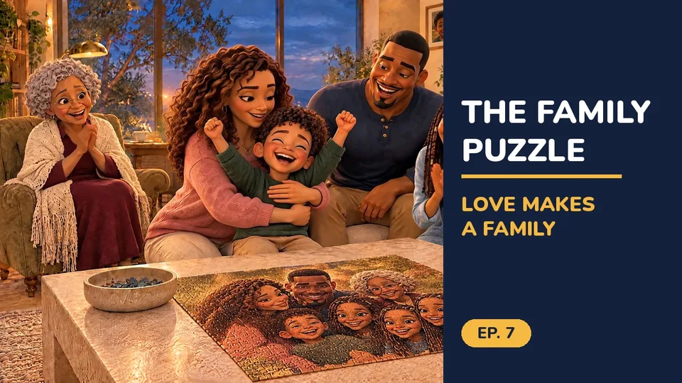 The Family Puzzle thumbnail: LJ cheering with Mom, Dad, Grandma and his sisters around the finished family puzzle