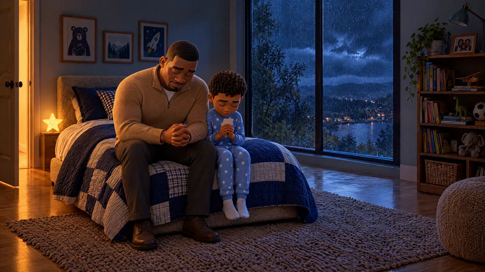 Thunder Night: Dad and LJ sit on LJ’s bed and pray together while rain streaks the window