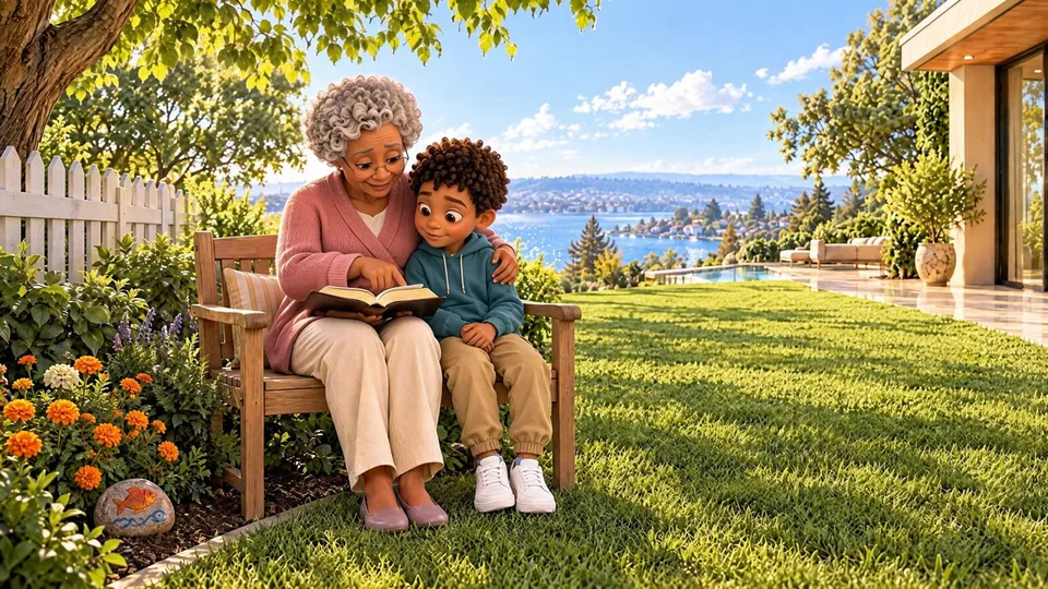 Goodbye, Goldie: Grandma sits with LJ on a garden bench with her Bible open, beside the orange flowers they planted for Goldie