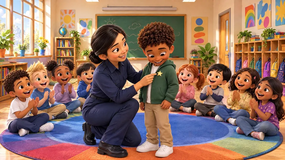 The Tricky Game: Officer Kim pins a gold Safety Star on LJ while his classmates clap on the classroom rug