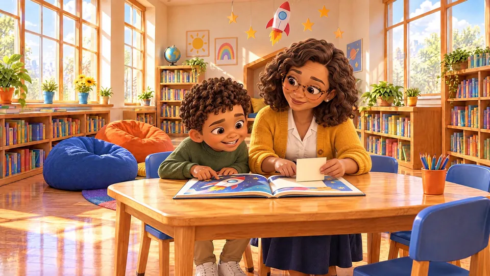 I Can’t Read It: Ms Grace the librarian helps LJ sound out a word in his rocket book at the library table