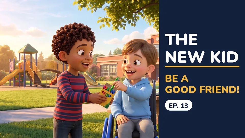The New Kid: LJ offers crayons to his new friend Mateo, who uses a wheelchair, at recess