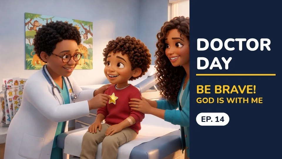 Doctor Day: Dr. Bell puts a star sticker on LJ’s shirt while Mom holds his shoulder at the check-up
