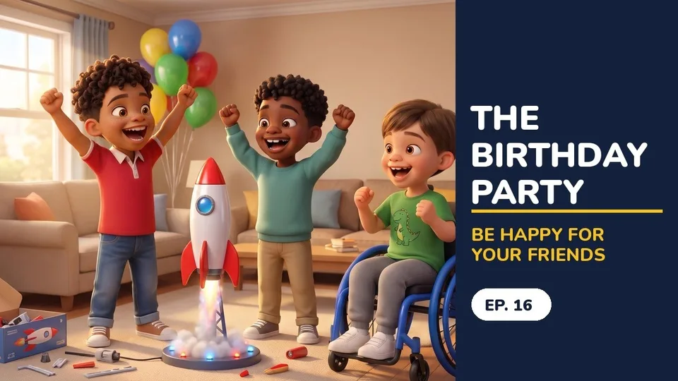 The Birthday Party: LJ, Marcus and Mateo cheer as their toy rocket blasts off at Marcus’s party
