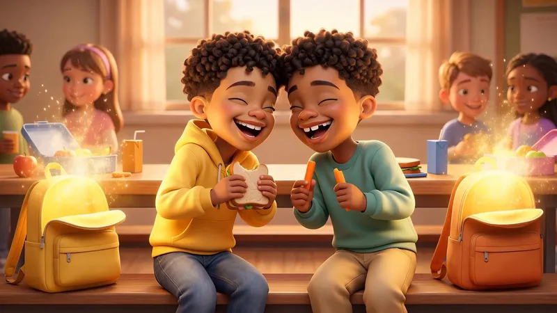 LJ and his friend Marcus laughing and sharing snacks at lunch