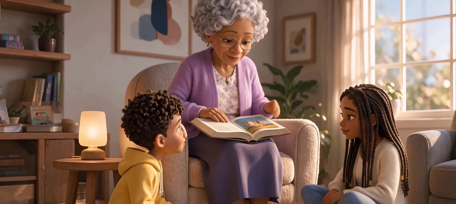 Grandma in her armchair telling a Bible story to LJ and his big sister