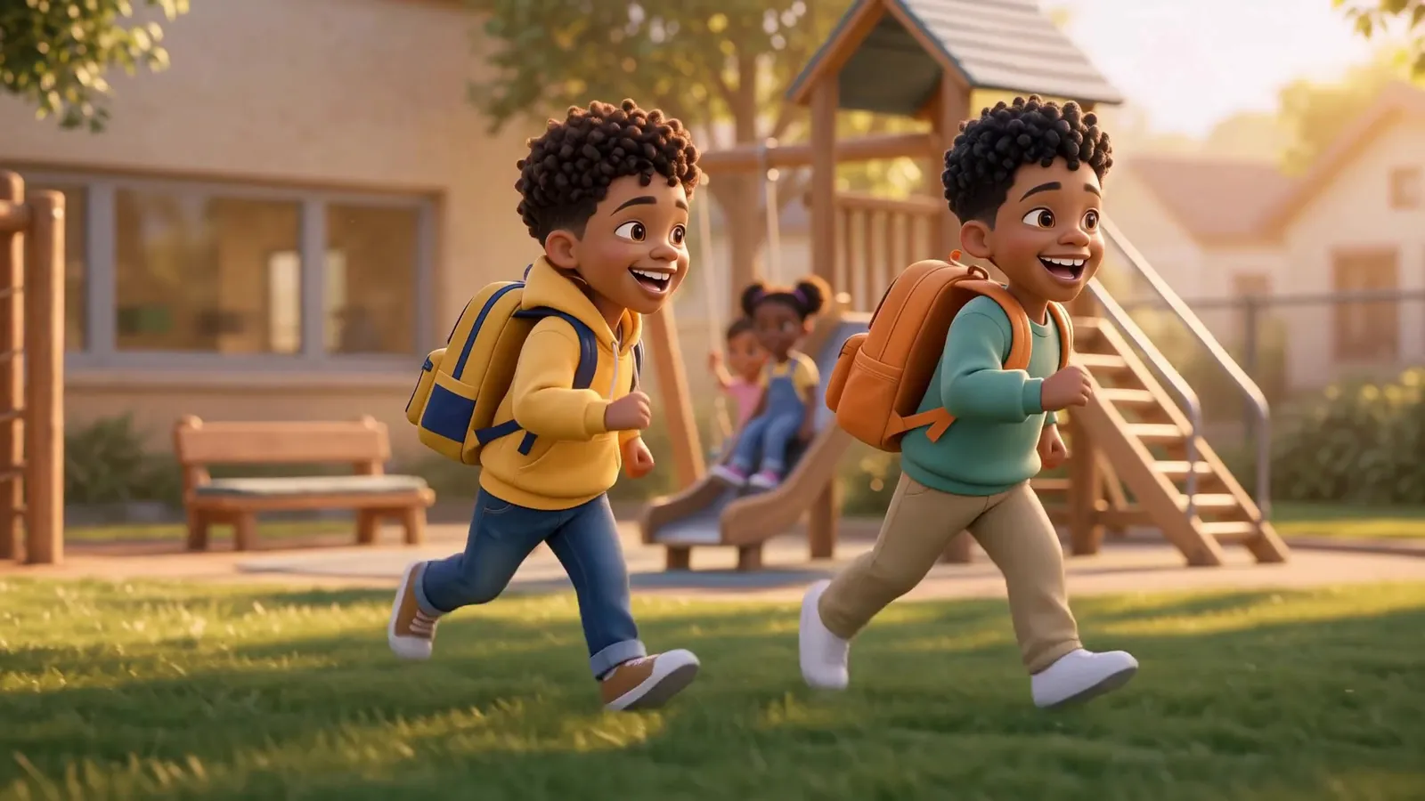 LJ in his yellow hoodie racing his new friend Marcus across a sunny playground, both laughing