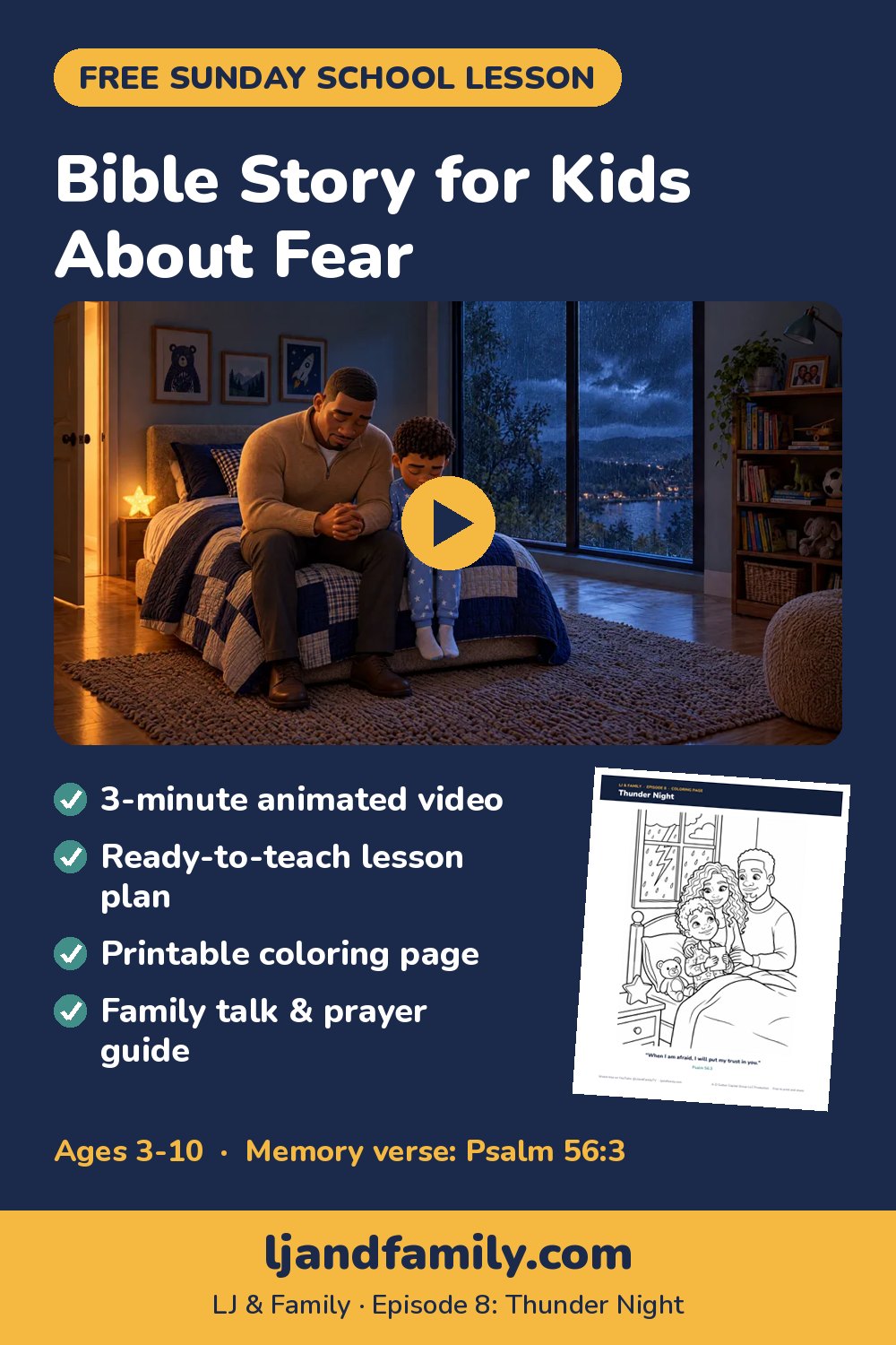 Bible story for kids about fear: free Sunday school lesson, coloring page and family guide from LJ & Family Episode 8