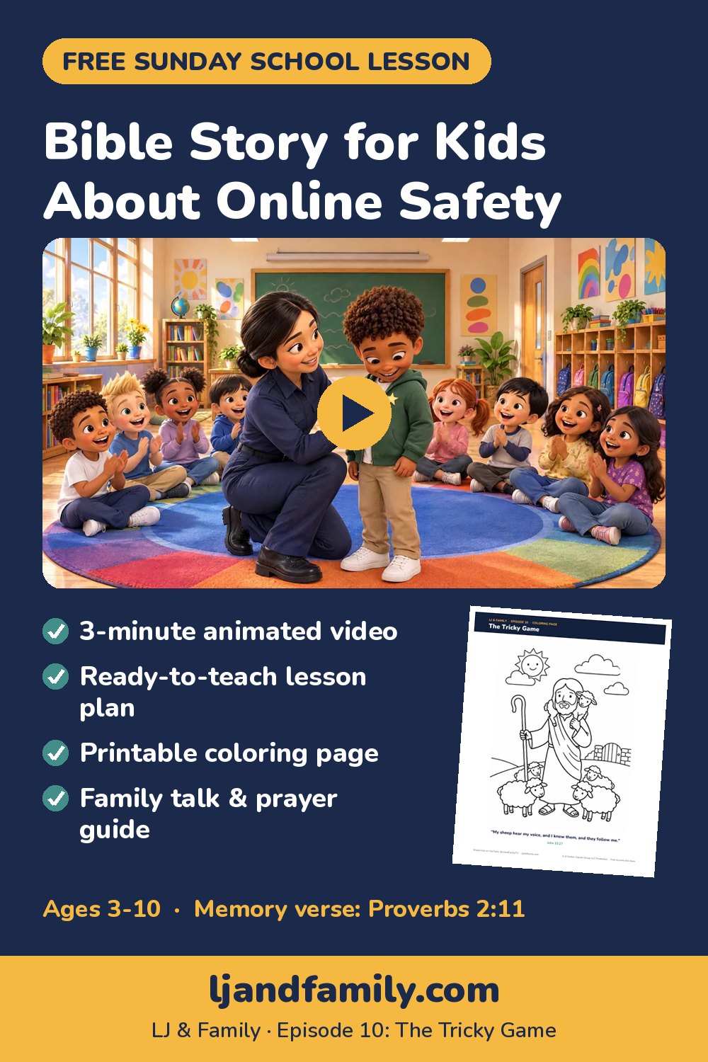 Bible lesson for kids about online safety and wisdom: free Sunday school lesson, coloring page and family guide from LJ & Family Episode 10