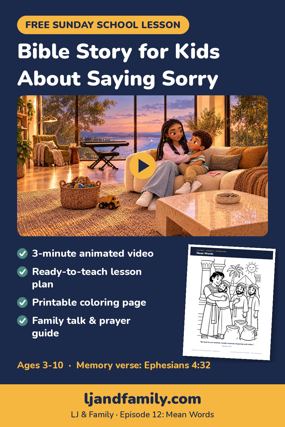 Bible story for kids about saying sorry: free Sunday school lesson, coloring page and family guide from LJ & Family Episode 12