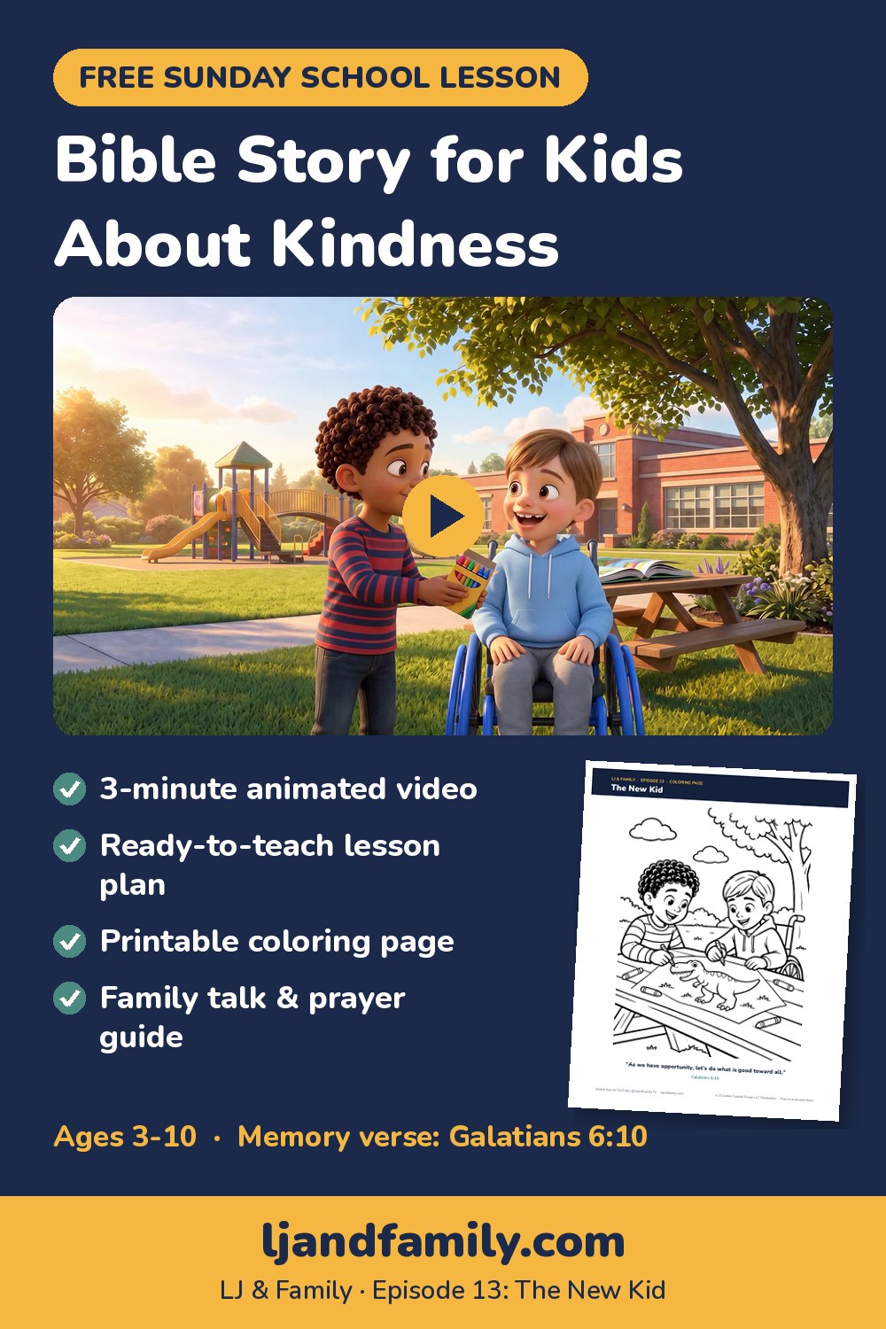 Bible story for kids about kindness: free Sunday school lesson, coloring page and family guide from LJ & Family Episode 13